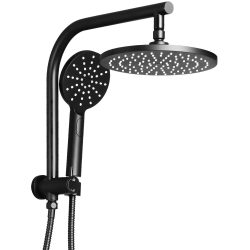 WELS 9 inch Rain Shower Head Round Wall Bathroom Arm Handheld Spray Bracket Rail Mat Black