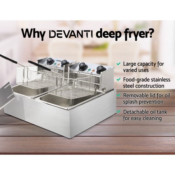 Devanti Commercial Electric Twin Deep Fryer - Silver