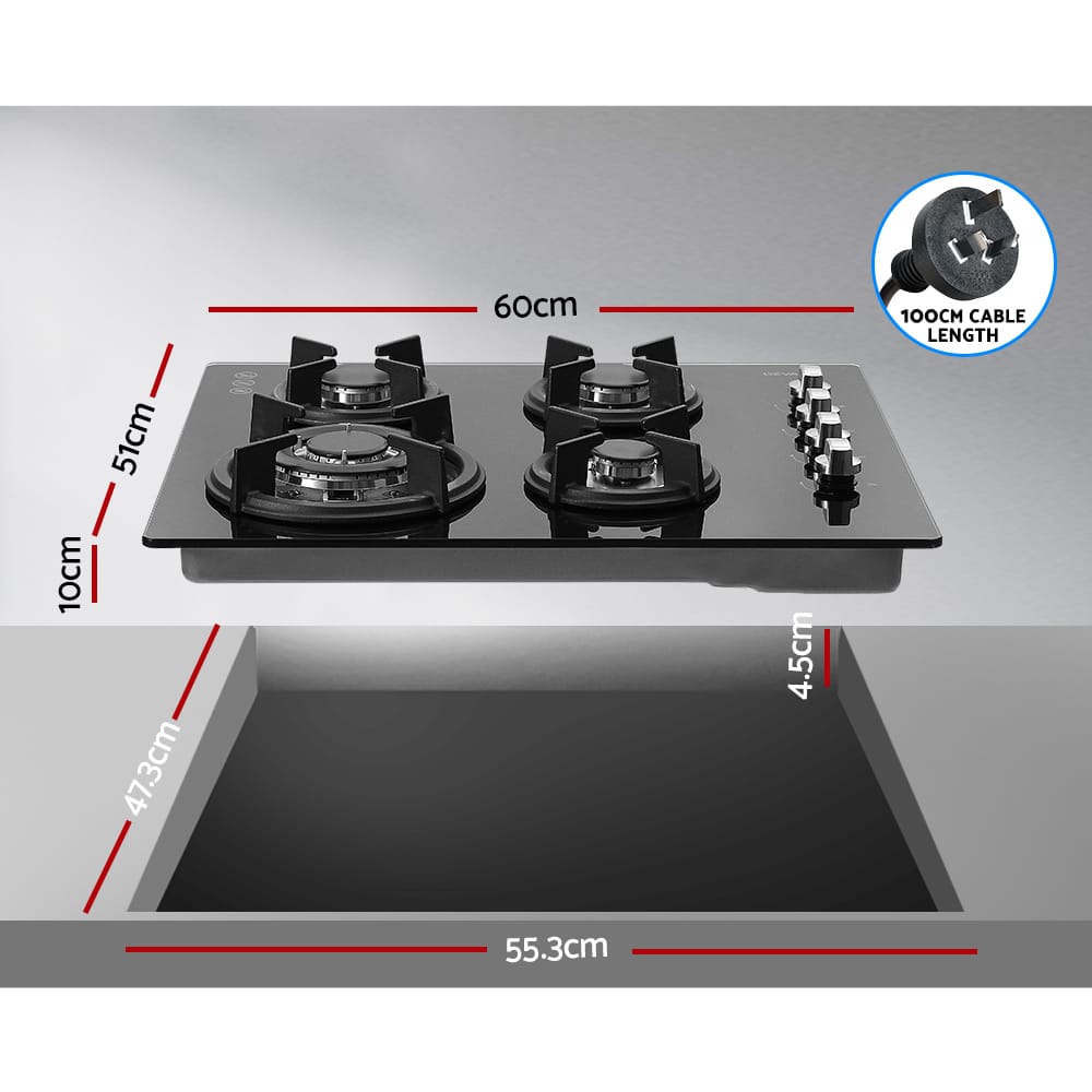 Devanti Gas Cooktop 60cm 4 Burner Glass Cook Top Cooker Stove Hob NG