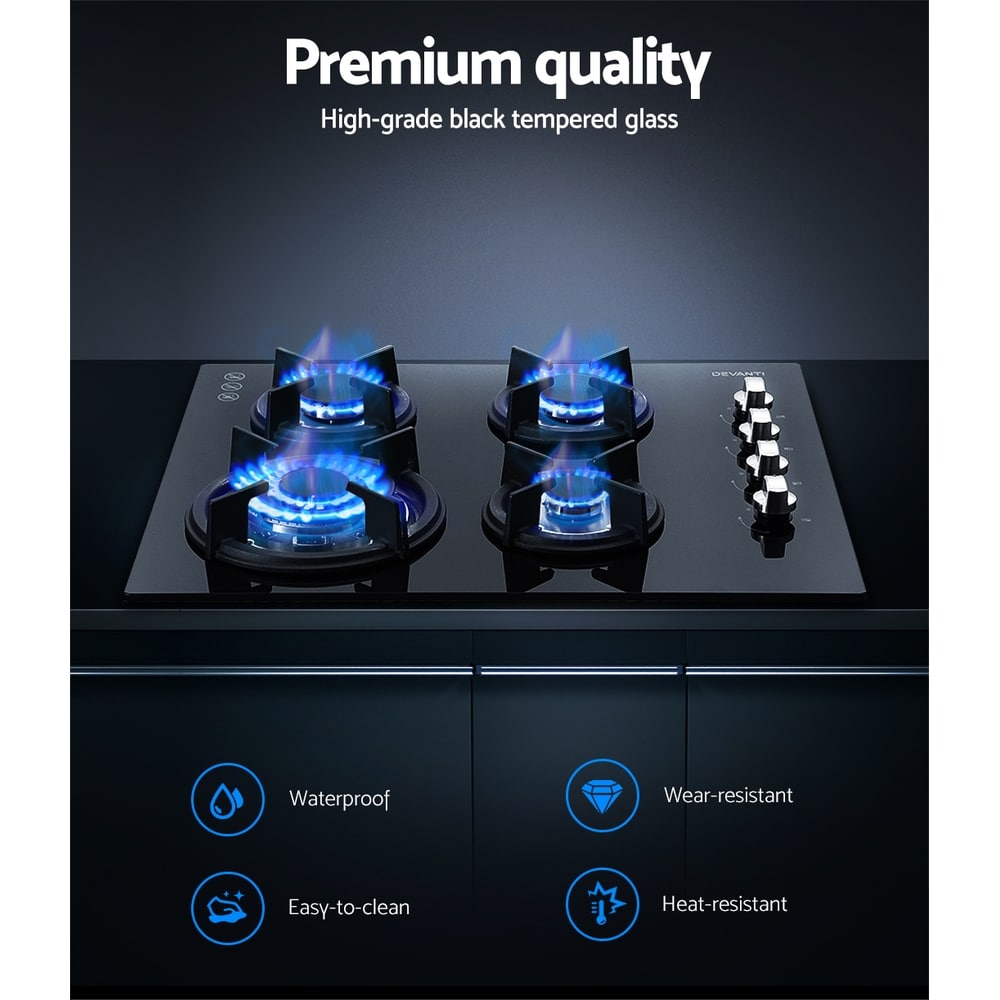 Devanti Gas Cooktop 60cm 4 Burner Glass Cook Top Cooker Stove Hob NG