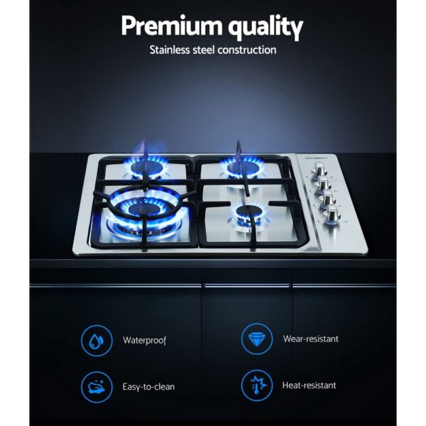 Devanti Gas Cooktop 60cm Kitchen Stove 4 Burner Cook Top NG LPG Stainless Steel Silver - Image 4