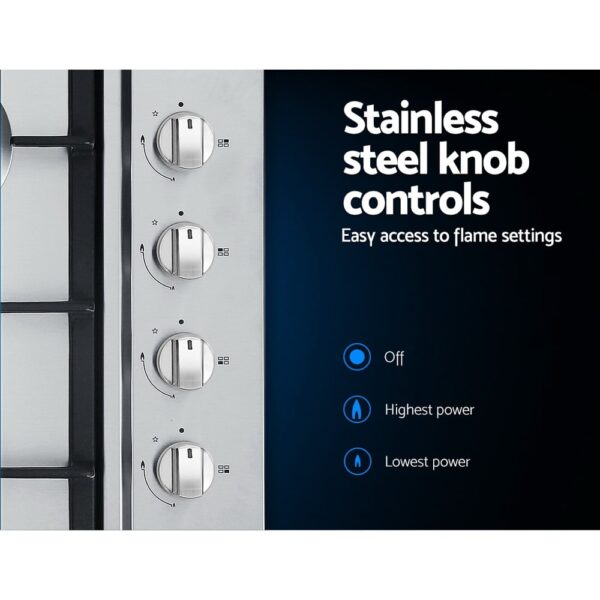 Devanti Gas Cooktop 60cm Kitchen Stove 4 Burner Cook Top NG LPG Stainless Steel Silver - Image 5