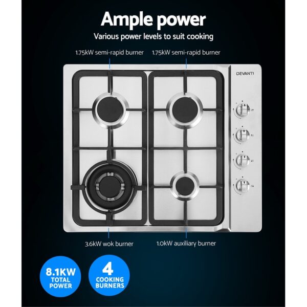 Devanti Gas Cooktop 60cm Kitchen Stove 4 Burner Cook Top NG LPG Stainless Steel Silver - Image 6