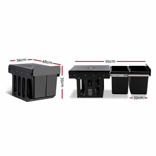 Set of 2 15L Twin Pull Out Bins Kitchen Slide Out Rubbish Waste Basket Black - Image 2
