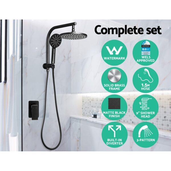 WELS Round 9 inch Rain Shower Head and Mixer Set Bathroom Handheld Spray Bracket Rail Mat Black - Image 4