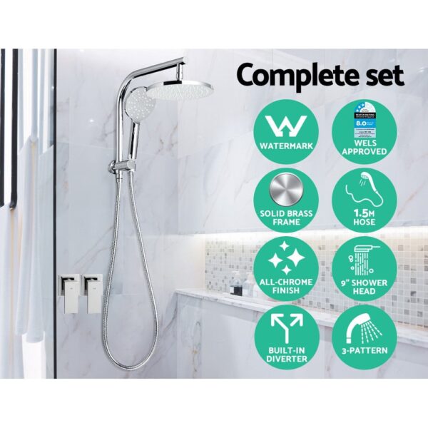 WELS Round 9 inch Rain Shower Head and Taps Set Bathroom Handheld Spray Bracket Rail Chrome - Image 4